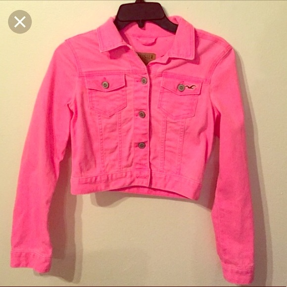 neon pink cropped denim jacket